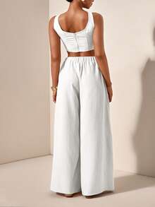 Veslaya 2025 New White Summer Party Vacation Women Plus Size 2 Pieces Set,Casual Textured Fishbone Strap Top And Wide Leg Pants With Pockets Y2k Outfits - White - View 2