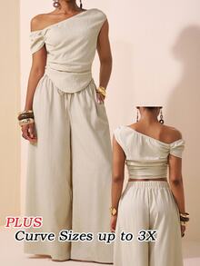 Veslaya Beige,Summer,Elegant,Vacation Women Plus Size Asymmetric Shoulder Ruched Hem Crop Top And Wide Leg Pants 2 Pieces Set,Textured Fabric Fashion Outfit - Apricot - View 3
