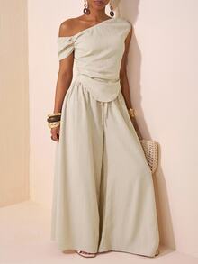 Veslaya Beige,Summer,Elegant,Vacation Women Plus Size Asymmetric Shoulder Ruched Hem Crop Top And Wide Leg Pants 2 Pieces Set,Textured Fabric Fashion Outfit - Apricot - View 5