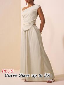 Veslaya Beige,Summer,Elegant,Vacation Women Plus Size Asymmetric Shoulder Ruched Hem Crop Top And Wide Leg Pants 2 Pieces Set,Textured Fabric Fashion Outfit - Apricot - View 4