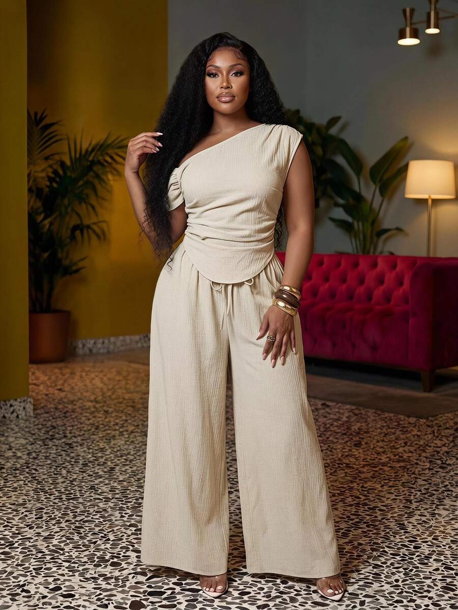 Veslaya Beige,Summer,Elegant,Vacation Women Plus Size Asymmetric Shoulder Ruched Hem Crop Top And Wide Leg Pants 2 Pieces Set,Textured Fabric Fashion Outfit - Apricot - View 1