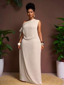 Veslaya Vestido de unicolor talla grande, uso casual y de vacaciones para uso diario, primavera/verano - Albaricoque - Ver 9