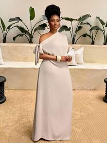 Veslaya Vestido de unicolor talla grande, uso casual y de vacaciones para uso diario, primavera/verano - Albaricoque - Ver 6
