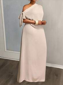 Veslaya Vestido de unicolor talla grande, uso casual y de vacaciones para uso diario, primavera/verano - Albaricoque - Ver 4