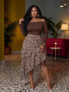 Veslaya Sexy Elegant Date Zebra Print Multi-Layer Ruffle Asymmetrical Skirt Plus Size - Brown - View 2