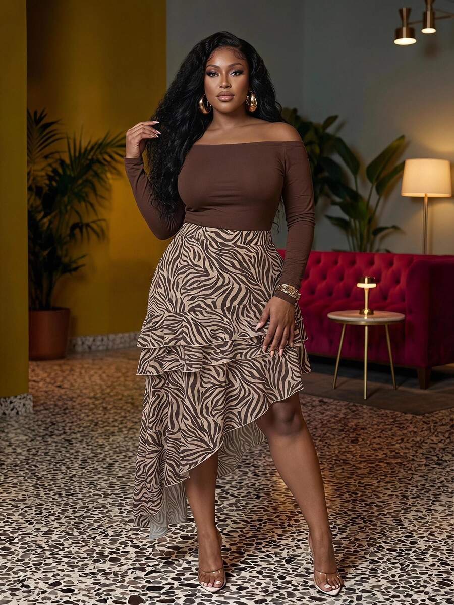 Veslaya Sexy Elegant Date Zebra Print Multi-Layer Ruffle Asymmetrical Skirt Plus Size