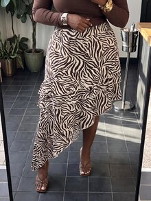 Veslaya Sexy Elegant Date Zebra Print Multi-Layer Ruffle Asymmetrical Skirt Plus Size - Brown - View 5