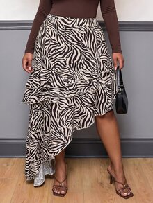 Veslaya Sexy Elegant Date Zebra Print Multi-Layer Ruffle Asymmetrical Skirt Plus Size - Brown - View 9