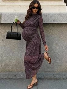 MaterniWear Maternity Leopard Print Round Neck Long Sleeve Ruched Elegant Dress Winter Outfit For Women Fall - Purple - View 1