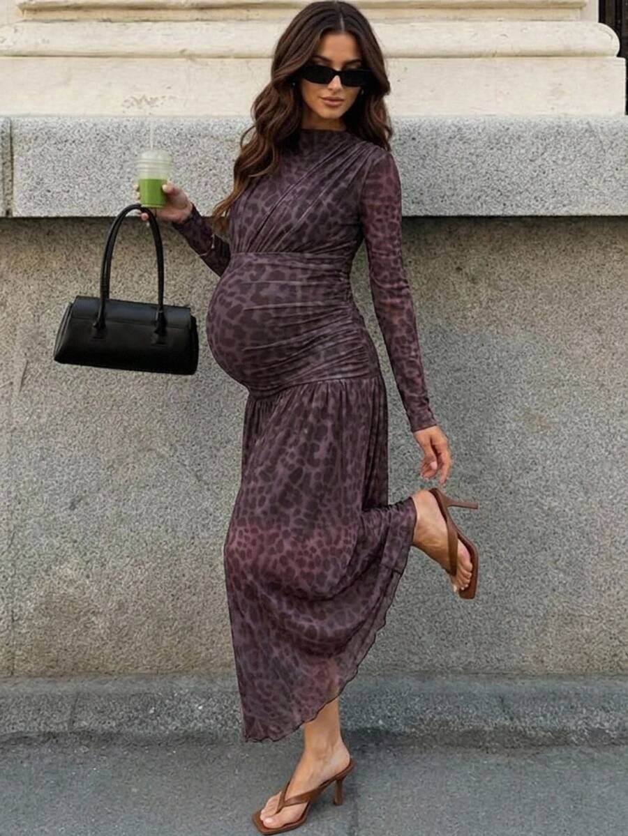 MaterniWear Maternity Leopard Print Round Neck Long Sleeve Ruched Elegant Dress Winter Outfit For Women Fall - Purple - View 1