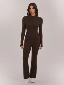SHEIN Tall Women's Solid Color Minimalist Slim Fit Zipper Long Sleeve Top And Pants 2 Pieces Set Suitable For Sports Wear - Brown - View 4