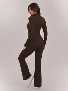 SHEIN Tall Women's Solid Color Minimalist Slim Fit Zipper Long Sleeve Top And Pants 2 Pieces Set Suitable For Sports Wear - Brown - View 2