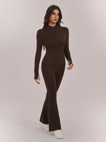 SHEIN Tall Women's Solid Color Minimalist Slim Fit Zipper Long Sleeve Top And Pants 2 Pieces Set Suitable For Sports Wear - Brown - View 7