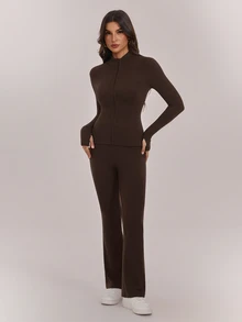 SHEIN Tall Women's Solid Color Minimalist Slim Fit Zipper Long Sleeve Top And Pants 2 Pieces Set Suitable For Sports Wear - Brown - View 8