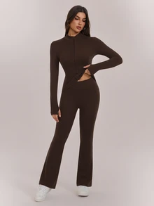 SHEIN Tall Women's Solid Color Minimalist Slim Fit Zipper Long Sleeve Top And Pants 2 Pieces Set Suitable For Sports Wear - Brown - View 3