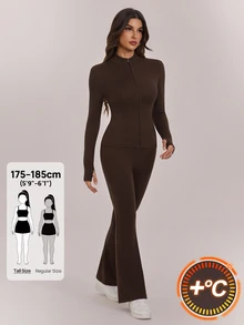 SHEIN Tall Women's Solid Color Minimalist Slim Fit Zipper Long Sleeve Top And Pants 2 Pieces Set Suitable For Sports Wear - Brown - View 1