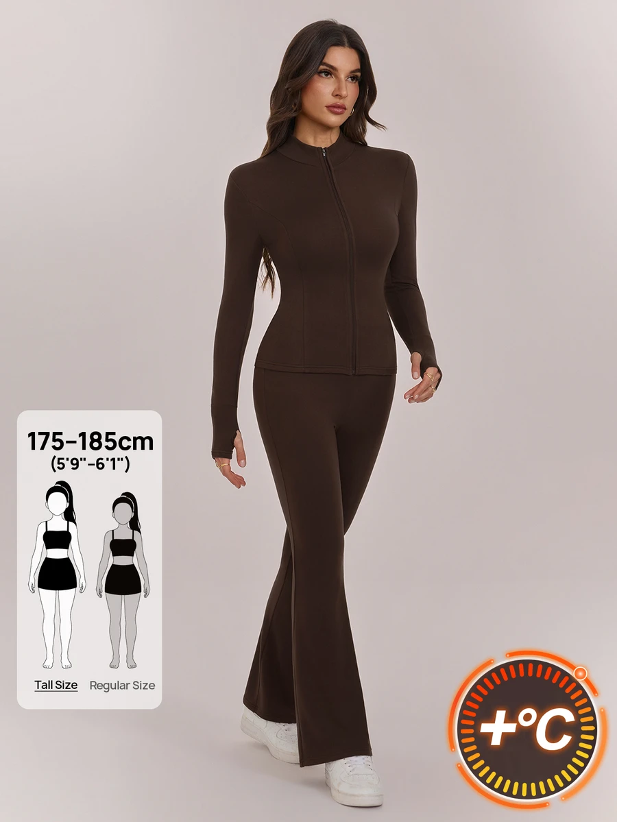 SHEIN Tall Women's Solid Color Minimalist Slim Fit Zipper Long Sleeve Top And Pants 2 Pieces Set Suitable For Sports Wear - Brown - View 1