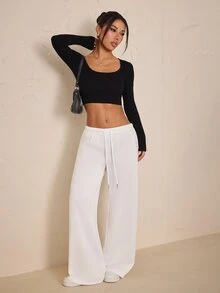SHEIN PETITE Women's Solid Color Drawstring Waist Wide Leg Loose Casual Sweatpants - White - View 4