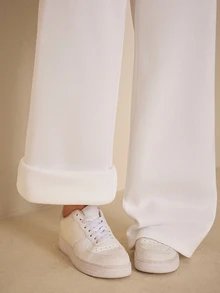 SHEIN PETITE Women's Solid Color Drawstring Waist Wide Leg Loose Casual Sweatpants - White - View 8