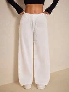 SHEIN PETITE Women's Solid Color Drawstring Waist Wide Leg Loose Casual Sweatpants - White - View 6