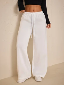 SHEIN PETITE Women's Solid Color Drawstring Waist Wide Leg Loose Casual Sweatpants - White - View 7