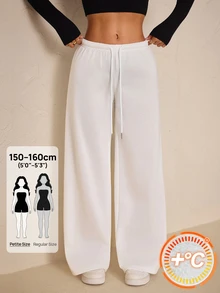 SHEIN PETITE Women's Solid Color Drawstring Waist Wide Leg Loose Casual Sweatpants - White - View 10