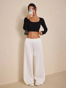 SHEIN PETITE Women's Solid Color Drawstring Waist Wide Leg Loose Casual Sweatpants - White - View 5