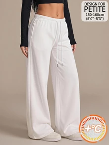 SHEIN PETITE Women's Solid Color Drawstring Waist Wide Leg Loose Casual Sweatpants - White - View 11