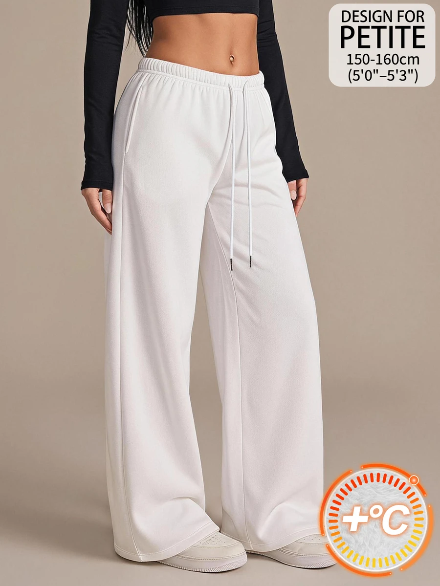 SHEIN PETITE Women's Solid Color Drawstring Waist Wide Leg Loose Casual Sweatpants - White - View 1
