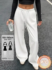 SHEIN PETITE Women's Solid Color Drawstring Waist Wide Leg Loose Casual Sweatpants - White - View 1