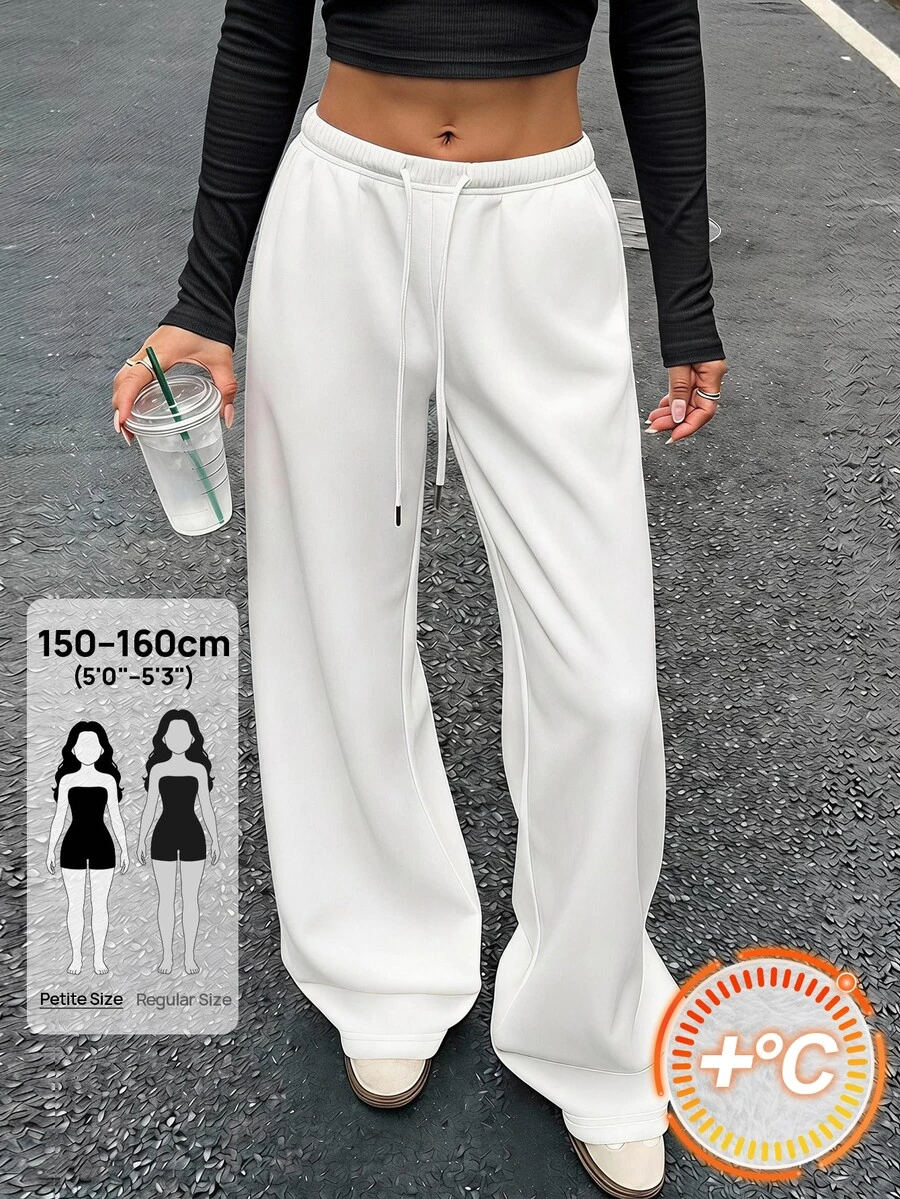 SHEIN PETITE Women's Solid Color Drawstring Waist Wide Leg Loose Casual Sweatpants - White - View 1