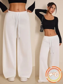 SHEIN PETITE Women's Solid Color Drawstring Waist Wide Leg Loose Casual Sweatpants - White - View 9