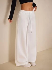 SHEIN PETITE Women's Solid Color Drawstring Waist Wide Leg Loose Casual Sweatpants - White - View 3