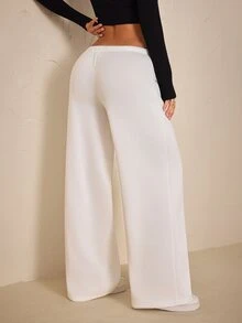 SHEIN PETITE Women's Solid Color Drawstring Waist Wide Leg Loose Casual Sweatpants - White - View 2