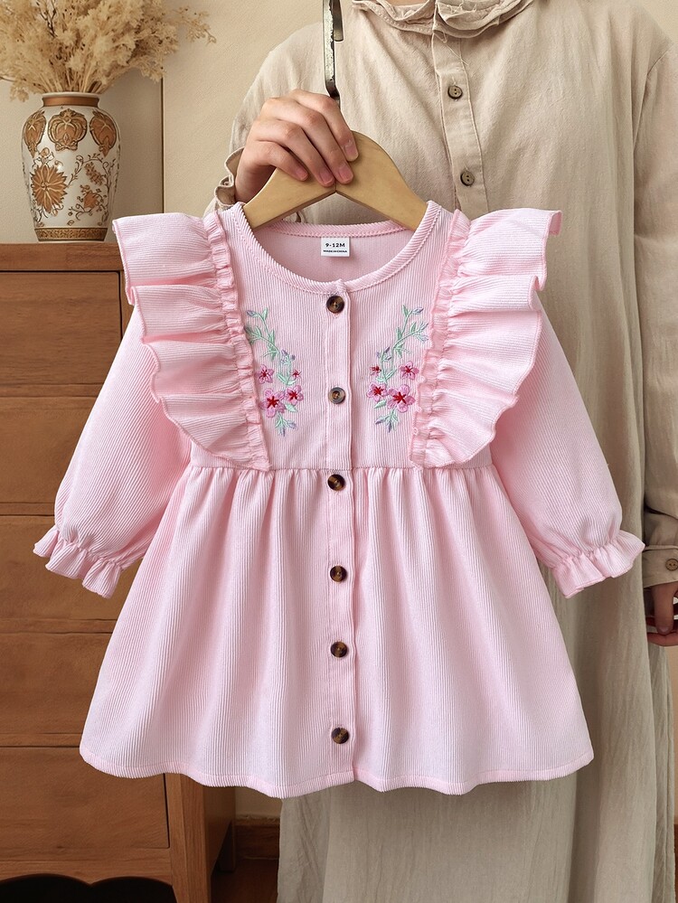 SHEIN Vintaside Kids 1pc Toddler Girl Princess Dress Sweet Elegant Light Pink Floral Embroidery Ruffle Long Sleeve Round Neck Regular Birthday Party Fall Holiday Ballerina - Pink - View 1