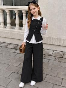 SHEIN 女童秋冬/春季休閒時尚簡約V領無袖腰帶外套＋長袖白色襯衫＋寬鬆直筒寬腿長褲三件套 - 黑與白 - 查看 8