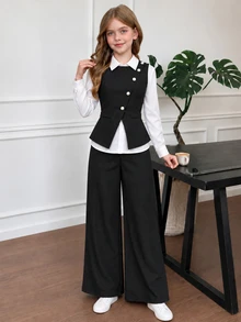 SHEIN 女童秋冬/春季休閒時尚簡約V領無袖腰帶外套＋長袖白色襯衫＋寬鬆直筒寬腿長褲三件套 - 黑與白 - 查看 3