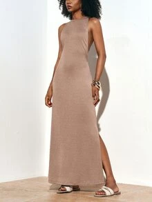 Zivah Summer Casual All-Match Beach Vacation Versatile Backless Design Slit Maxi Loose Dress,Summer Dresses For Women - Khaki - View 3