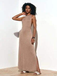 Zivah Summer Casual All-Match Beach Vacation Versatile Backless Design Slit Maxi Loose Dress,Summer Dresses For Women - Khaki - View 5