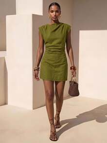Zivah Women's Solid Color Waist-Cinching Short Casual Vacation Dress - Army Green - View 1