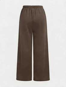 SHEIN 青少年女孩秋冬保暖內裡加厚簡約寬鬆制服風直筒運動長褲，花卉深棕色休閒運動校園風 - 棕色 - 查看 2