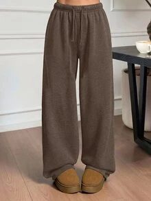 SHEIN 青少年女孩秋冬保暖內裡加厚簡約寬鬆制服風直筒運動長褲，花卉深棕色休閒運動校園風 - 棕色 - 查看 1