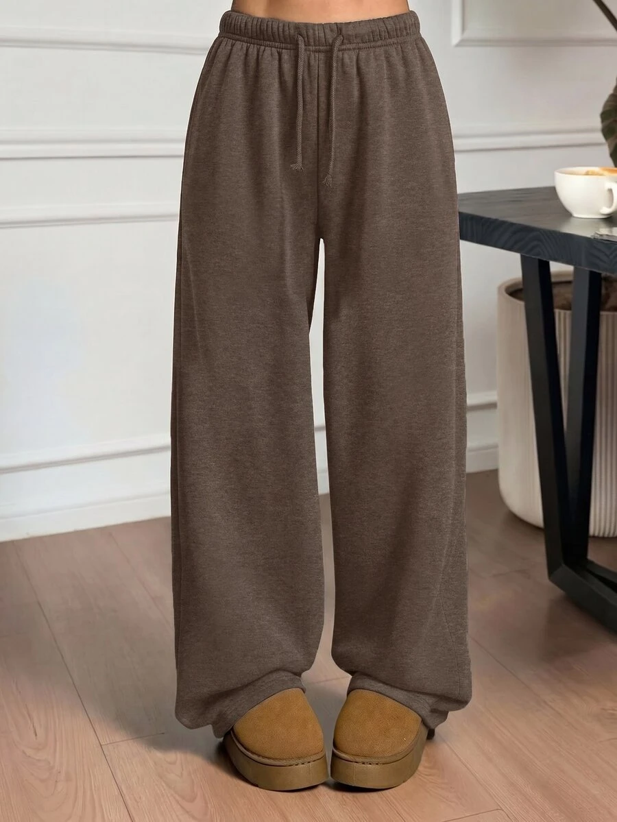 SHEIN 青少年女孩秋冬保暖內裡加厚簡約寬鬆制服風直筒運動長褲,花卉深棕色休閒運動校園風 - 棕色 - 查看 1