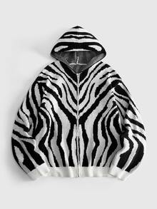 ROMWE MEN Cardigan Rajut Jacquard Motif Garis Zebra dengan Bukaan Depan untuk Pria - Hitam dan Putih - View 7