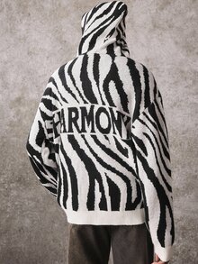 ROMWE MEN Cardigan Rajut Jacquard Motif Garis Zebra dengan Bukaan Depan untuk Pria - Hitam dan Putih - View 2