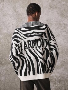 ROMWE MEN Cardigan Rajut Jacquard Motif Garis Zebra dengan Bukaan Depan untuk Pria - Hitam dan Putih - View 3