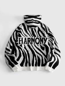 ROMWE MEN Cardigan Rajut Jacquard Motif Garis Zebra dengan Bukaan Depan untuk Pria - Hitam dan Putih - View 8