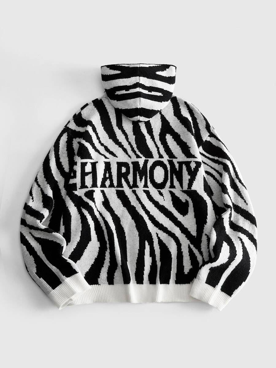 ROMWE MEN Men's Open Front Zebra Stripe Letter Jacquard Knit Cardigan - Black and White - View 1