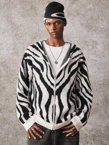 ROMWE MEN Cardigan Rajut Jacquard Motif Garis Zebra dengan Bukaan Depan untuk Pria - Hitam dan Putih - View 4