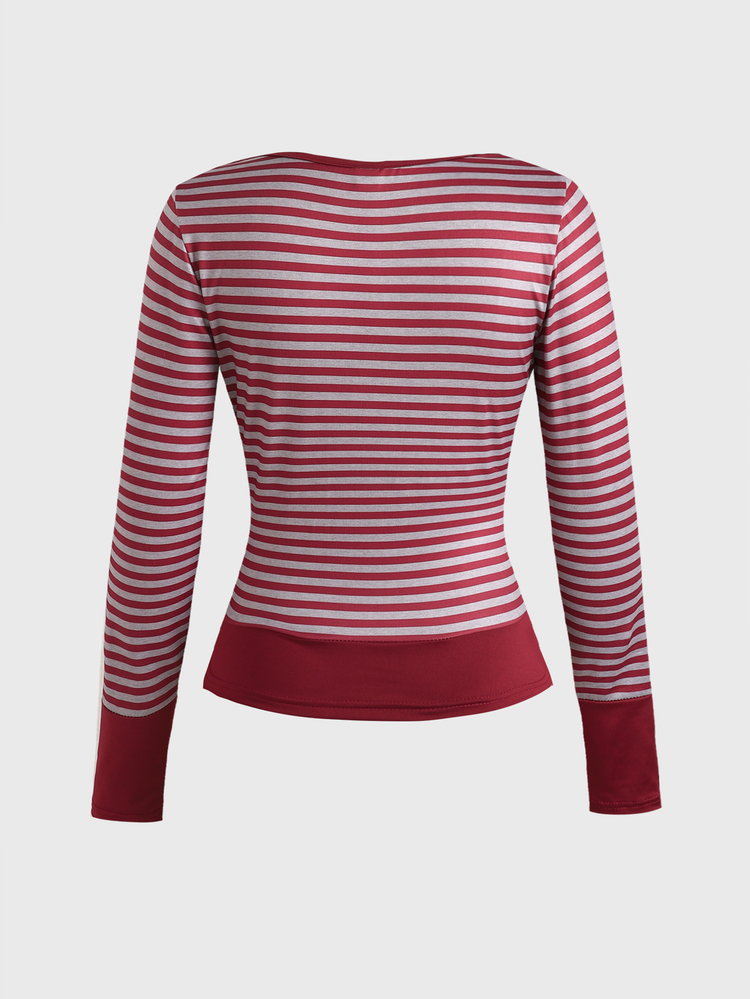 Teen Girls Teen Girl Autumn Red Striped Patchwork Long Sleeve T-Shirt Casual Daily Street Holiday Festival Campus - Red - View 4